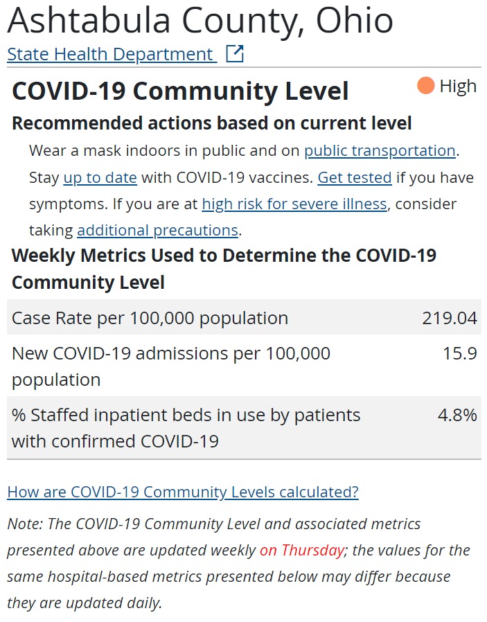 Partial screen capture from the CDC COVID-19 dashboard showing Ashtabula County at status "High" on the new system.