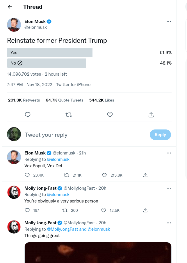Clipped screenshot of a poll on Twitter run by Elon Musk concerning reinstating Donald John Trump to the platform