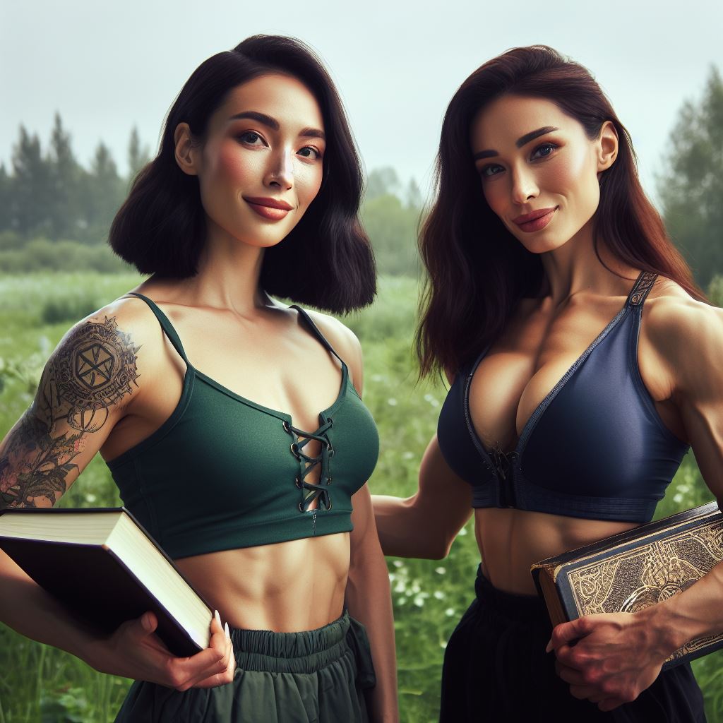 Prompt used: "A very friendly, very frisky, rather feminine, aerobic fitness enthusiast from Wildemount who has a day job as a cleric for The Traveler is having an assignation with a quite frisky female bodybuilder who is a cleric of The Changebringer teaching at the Academy of Magic."