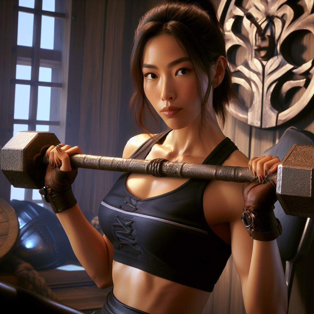 Picture generated by the prompt "A half-dwarf female fitness enthusiast from Wildemount who has day jobs as both a cleric for The Changebringer and as a bard"