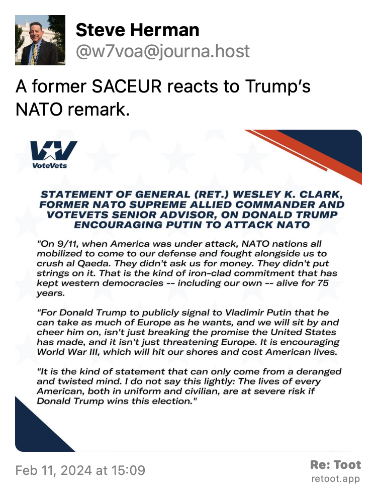 Post by Steve Herman. "A former SACEUR reacts to Trump’s NATO remark." The post contains an image with no description. Posted on Feb 11, 2024 at 15:09