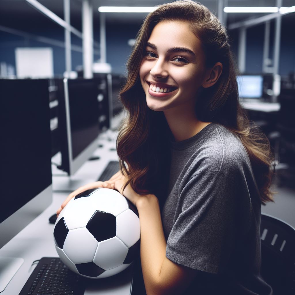 Picture generated by the prompt "A female soccer enthusiast visiting her university's computer lab"