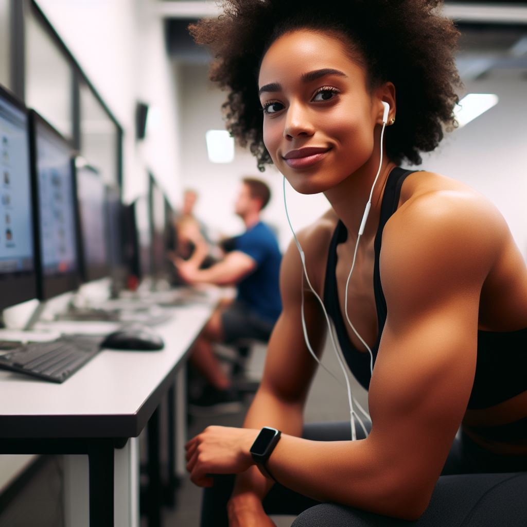 Picture generated by the prompt "A female fitness enthusiast visiting her university's computer lab"