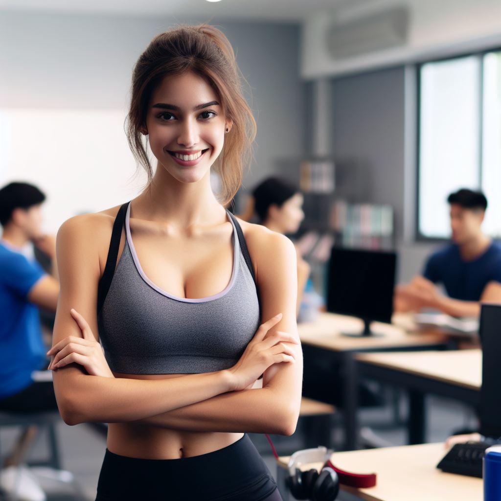 Picture generated by the prompt "A female fitness enthusiast visiting her college's computer lab"