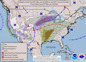 A small copy of a national surface fronts chart from the Weather Prediction Center of the National Weather Service.
