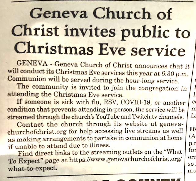 Snapshot of the press release from Geneva Church of Christ