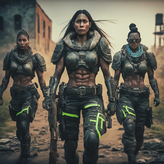 Cree indigenous women dressed in neon-trim full body armor, neon-trim tactical pants, & neon-trim combat boots are hiking down a dirt road of ruins in Kentucky. The scene looks like a warrior march featuring these small yet lean women. These young women have wildly different hairstyles. These muscle-bulked athletes have very visible muscles and are at their peaks of genetic development. They appear disheveled yet feminine in this new post-apocalyptic cyberpunk dystopia.