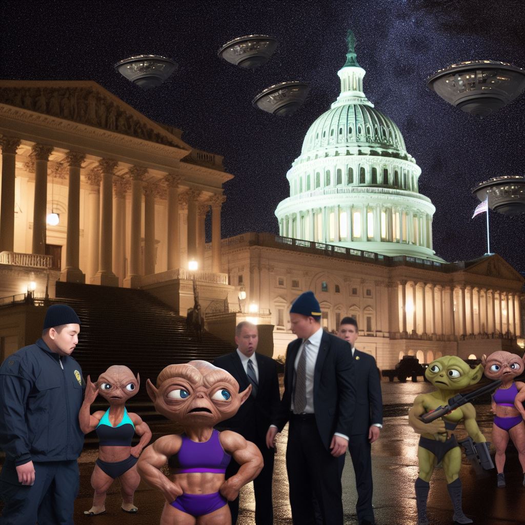 The prompt reads: "The scene on Capitol Hill takes place at night where the confused space aliens give up on their invasion attempt in the plan to conquer the star system. The aliens resemble midget versions of famous female fitness enthusiasts such as CrossFit competitors. Security guards from a lesser known security agency look on at the situation in disgust."
