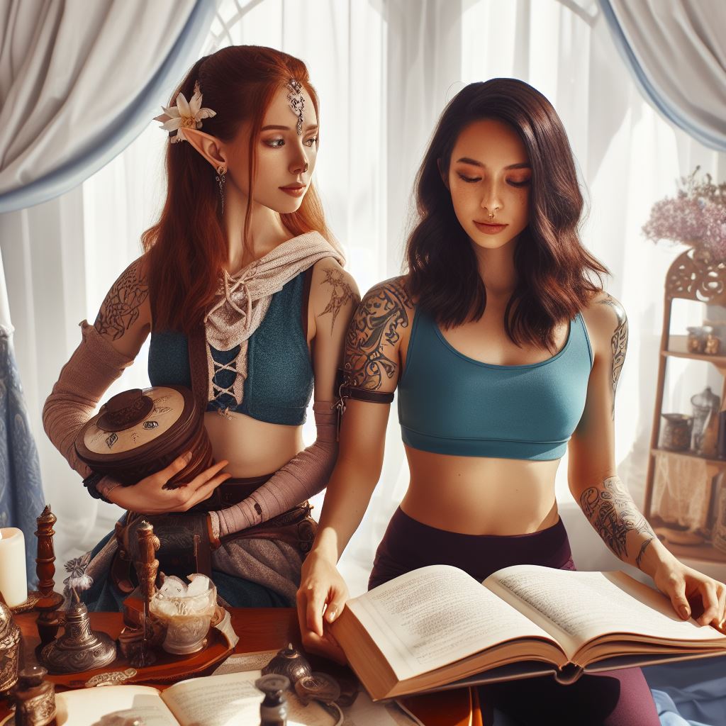 Picture generated by the prompt "A half-dwarf female fitness enthusiast from Wildemount who has a day job as a cleric for The Changebringer who is visiting a friendly female fitness enthusiast at the academy of magic."