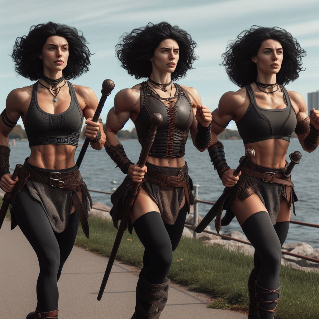 The prompt: "Three college-aged, short curl-straightened raven-black haired, feminine, rather tall, rather curvy, broad chested, wasp-waisted, very lean, very thickly muscle-bound, long-limbed female bodybuilder Celtic warrior monks dressed in durable tropical exercise attire from the faraway land of Nicodranas are jogging with heavy handheld weights and bō staves.  They are jogging together along the lakeshore near the school they attend, Weirdsister College."