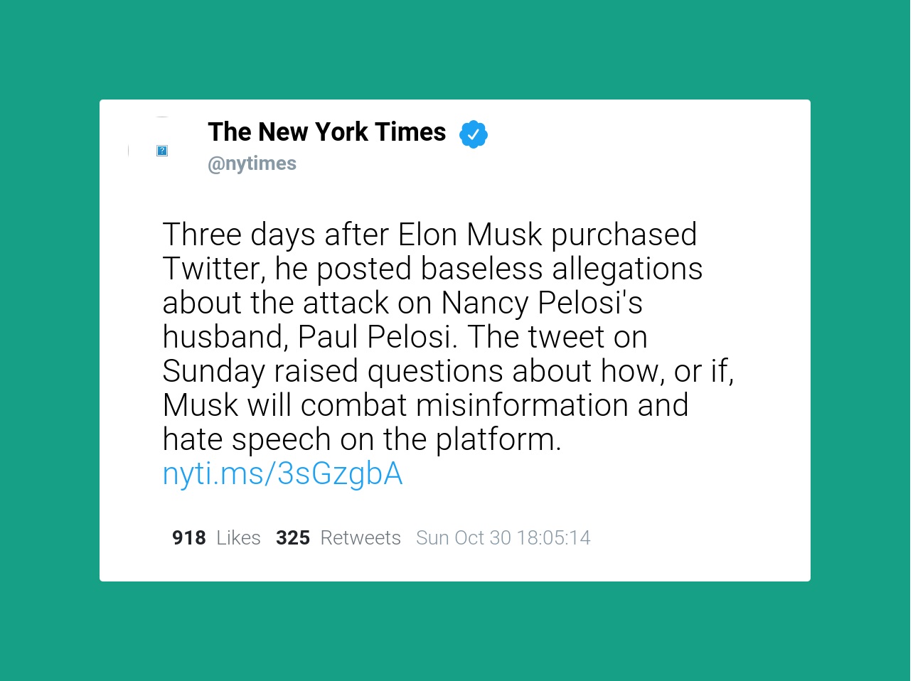 A tweet from the *New York Times* about Elon Musk spewing misinformation 