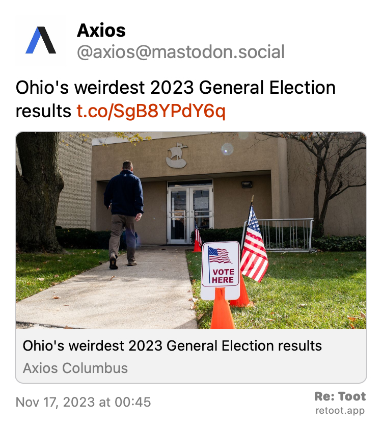 Post by Axios. "Ohio's weirdest 2023 General Election results t.co/SgB8YPdY6q" Posted on Nov 17, 2023 at 00:45