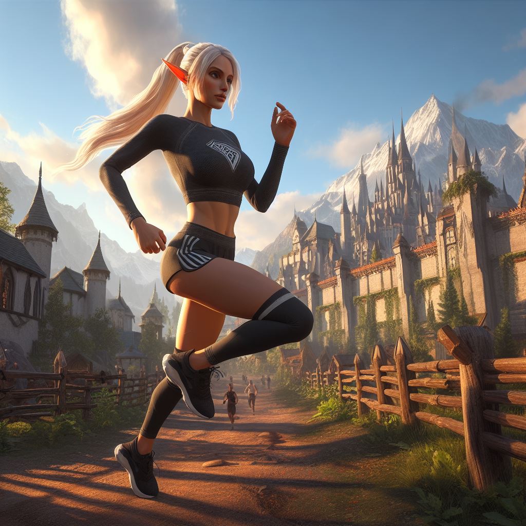 Picture generated by the prompt "tall lanky half-elf female fitness enthusiast with a day job as a cleric in Wildemount who is running an obstacle course"