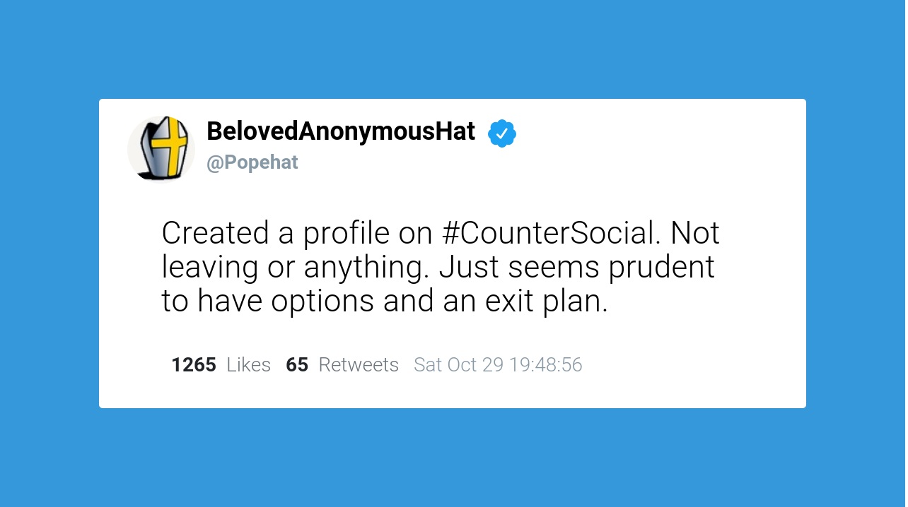 A tweet from "Popehat" stating that he is creating an account off-Twitter to jump to