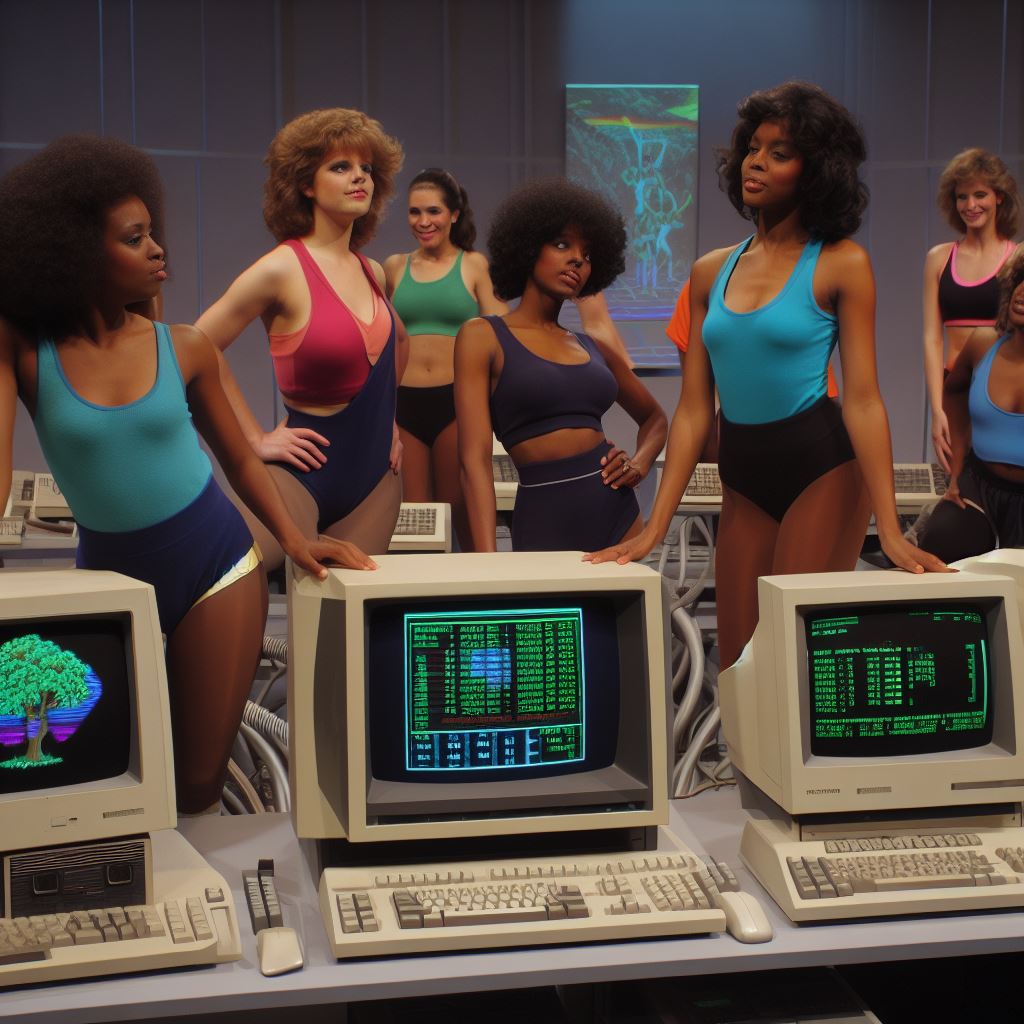 Image generated by the following prompt given to Bing Image Creator: "A lost scene from the iconic public television program "The Computer Chronicles" where the hosts show us a variety of 1980s computer technologies for the first time that help promote physical fitness. They are joined by multiple female physical fitness enthusiasts."