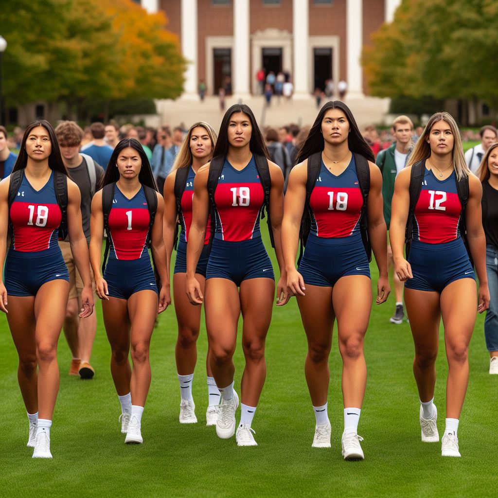 "A group of tall, very fit, and proud Native American women from a collegiate volleyball team confidently stride across the campus green. Their towering stature - each woman measures at least 200 cm - is evident in their very well-built muscular physiques developed through frequent training sessions in university gyms. Their away game uniforms distinguish them from the majority of students who are shorter and less active, making it clear that they stand out among their peers."