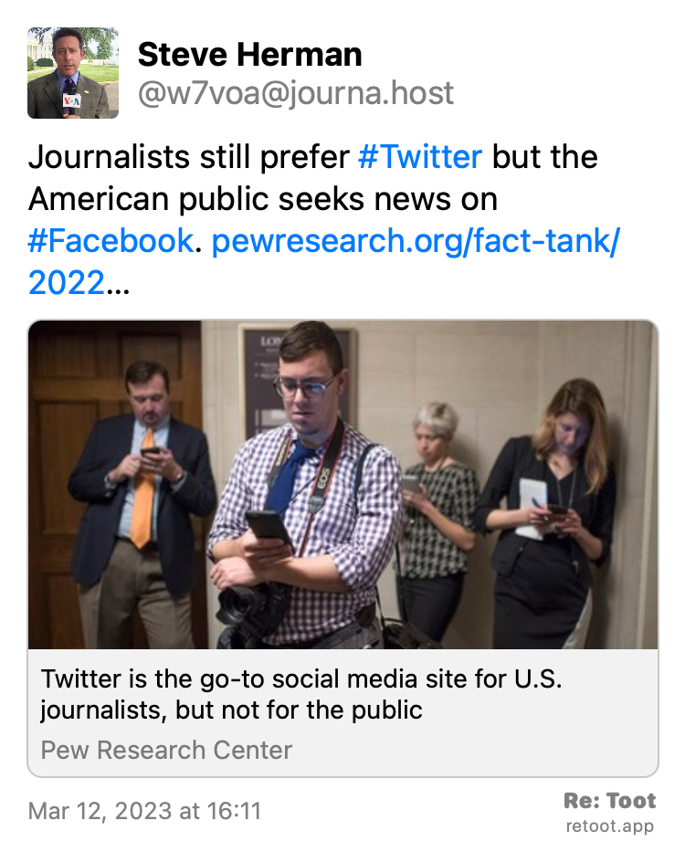 Post by Steve Herman. "Journalists still prefer #Twitter but the American public seeks news on #Facebook. pewresearch.org/fact-tank/2022…" Posted on Mar 12, 2023 at 16:11