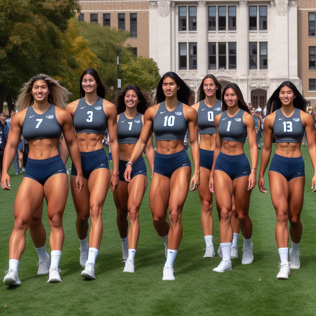 "A group of tall, very fit, and proud Native American women from a collegiate volleyball team confidently stride across the campus green. Their towering stature - each woman measures at least 200 cm - is evident in their very well-built muscular physiques developed through frequent training sessions in university gyms. Their away game uniforms distinguish them from the majority of students who are shorter and less active, making it clear that they stand out among their peers."