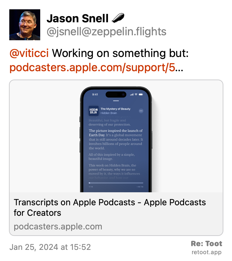 Post by Jason Snell. "@viticci Working on something but: podcasters.apple.com/support/5…" Posted on Jan 25, 2024 at 15:52