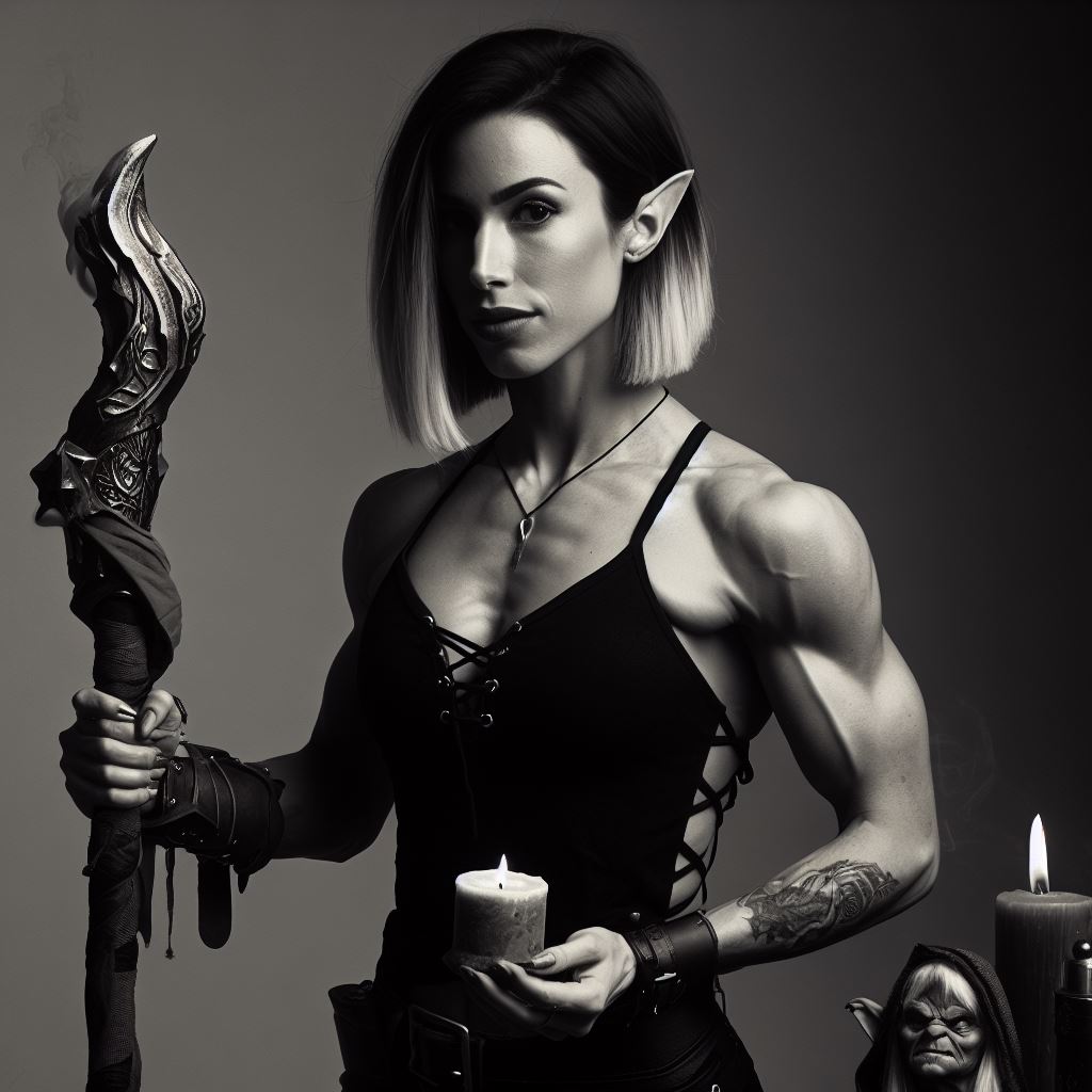 Picture generated by the prompt "A half-dwarf female fitness enthusiast from Wildemount who has a day job as a cleric for The Changebringer who is visiting a friendly human witch who is also a very tall female fitness enthusiast."