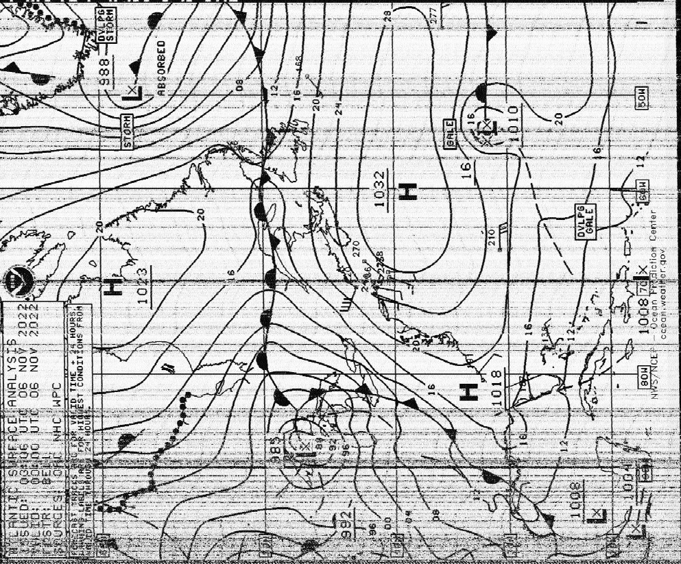A chart received using a WEFAX decoder plugin on a KiwiSDR networked receiver in Ontario, Canada.